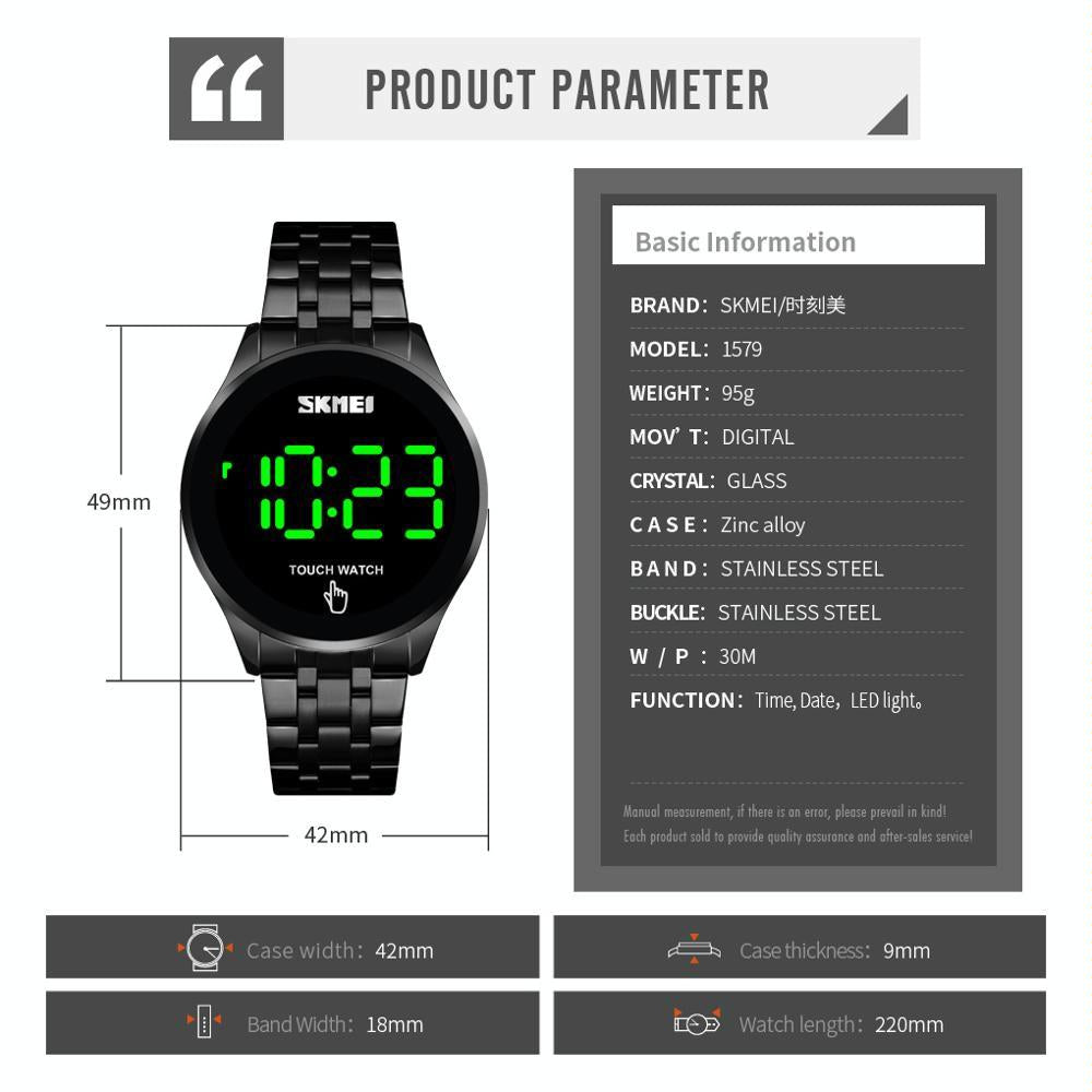 Stainless Steel Led Touch Watch - Black-1915198319785807879