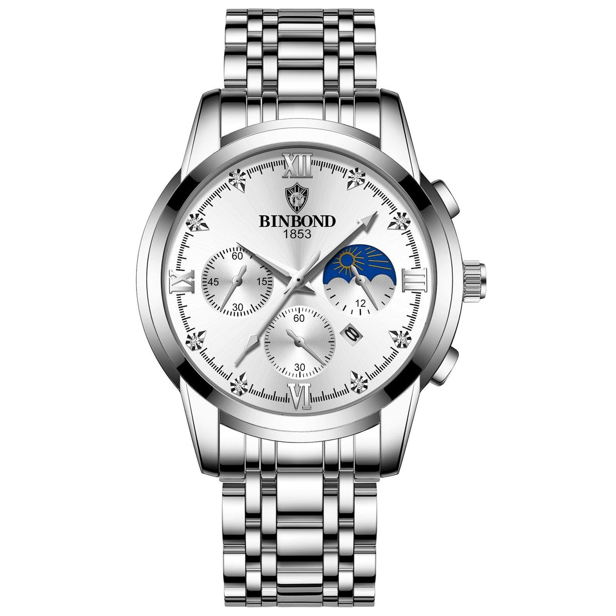 Waterproof Luminous Men Watch With Calendar - White Steel-1915197637397712903
