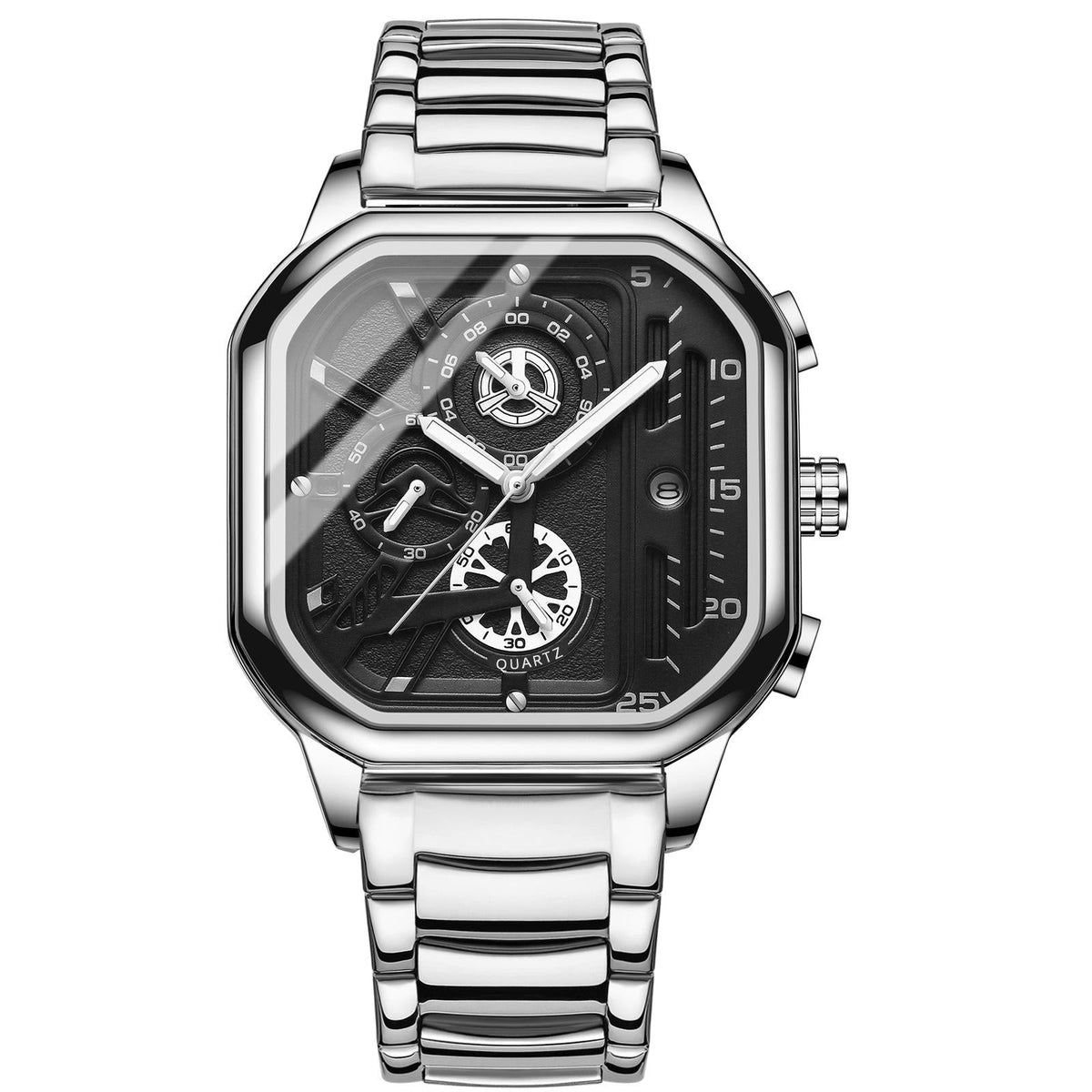 Waterproof Luminous Square Quartz Watch - White Steel With Black And White Accents - 30M-1915197279271260167