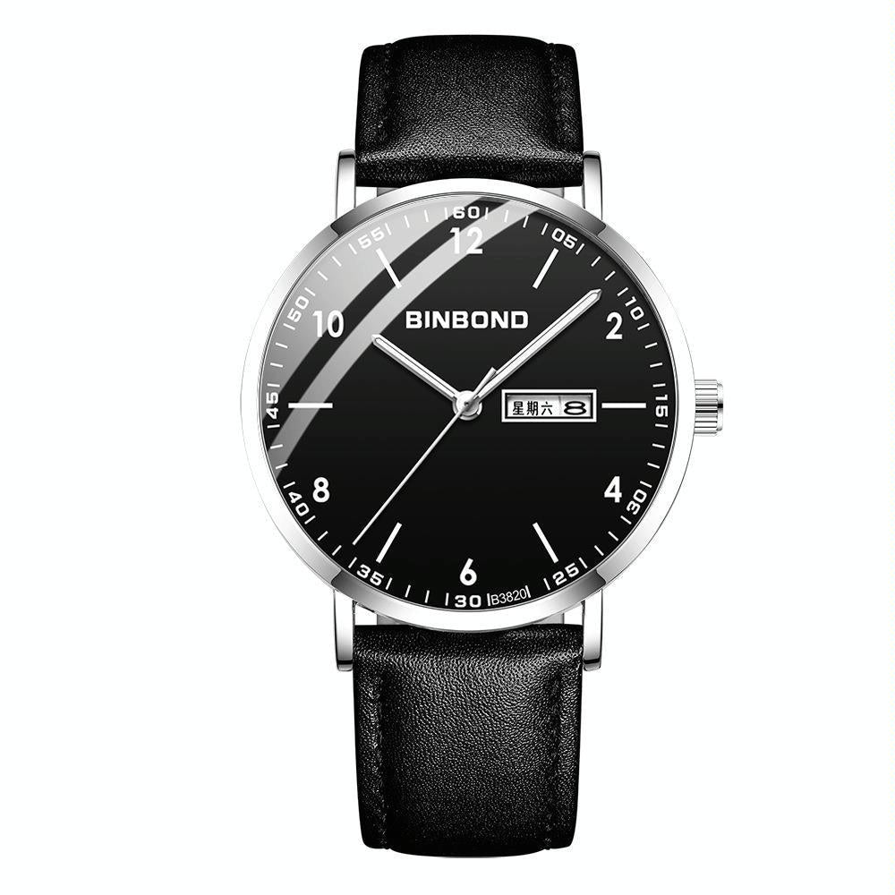 Waterproof Ultra-Thin Quartz Luminous Watch With Starry Design And Black Leather Strap-1915197190599479303
