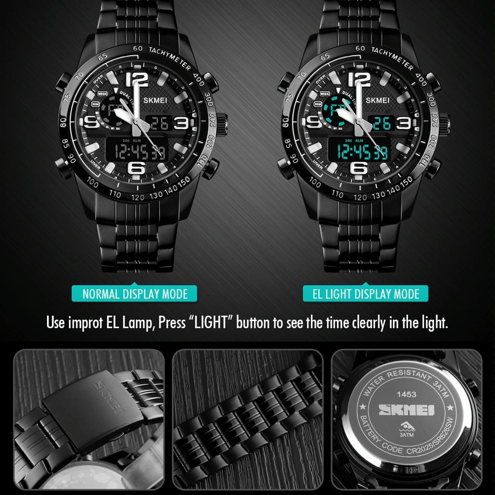 Waterproof Dual Movement Men Watch With Steel Strap - Black-1915196874290237442