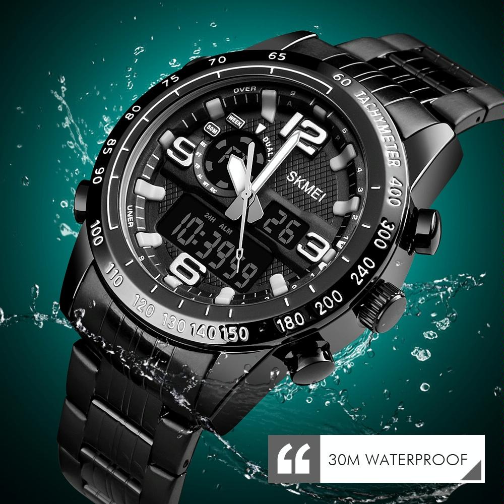 Waterproof Dual Movement Men Watch With Steel Strap - Black-1915196874290237443