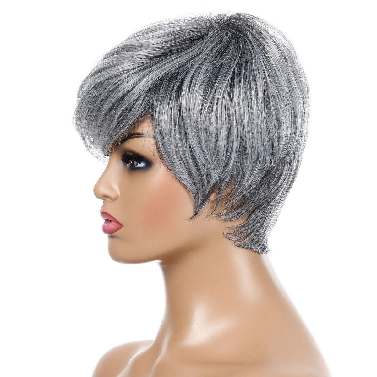 Short Straight Hair Wig - High Temp Silk Fiber - Silver Gray-1915198319324434435