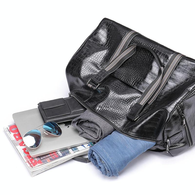 Multifunctional Leather Duffel Bag For Travel - Crocodile Print-1964932182657077253