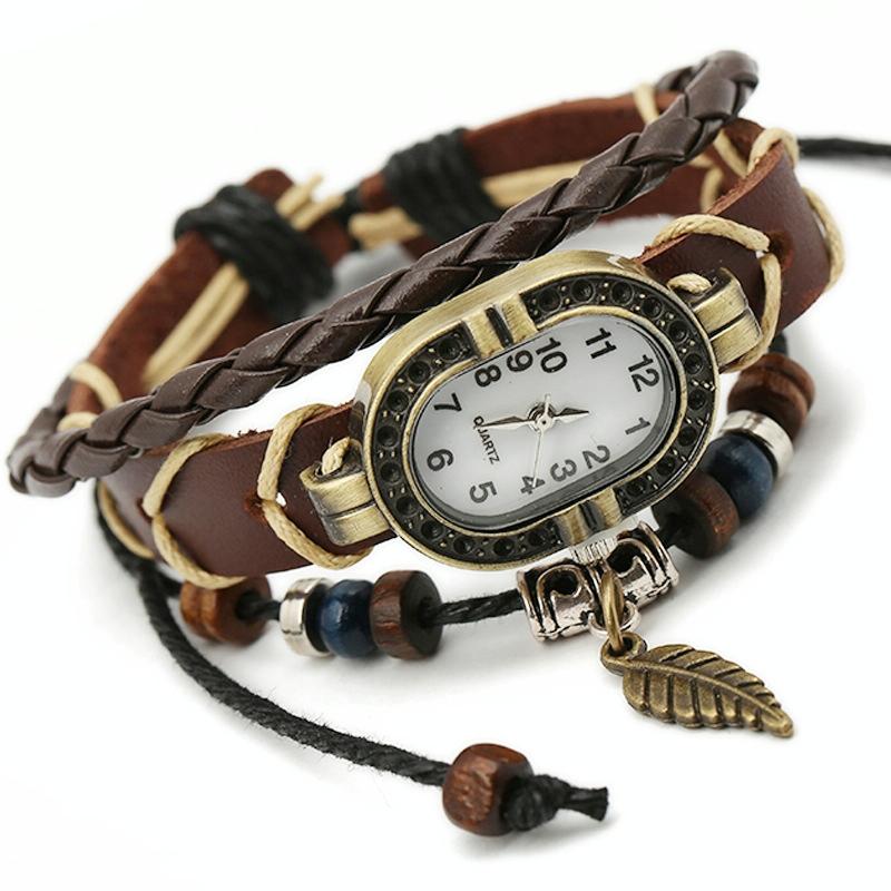 Vintage Leather Leaf Bracelet Watch - Brown-1915196896431968256