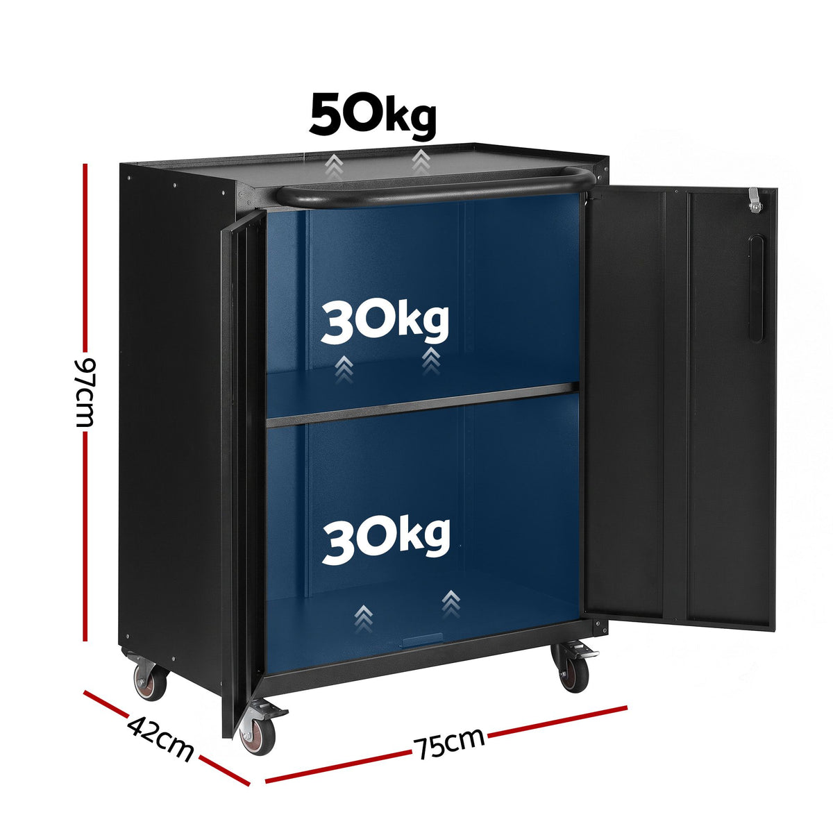 Giantz Rolling Tool Cabinet Heavy-Duty Storage Cabinet Adjustable Shelf Black