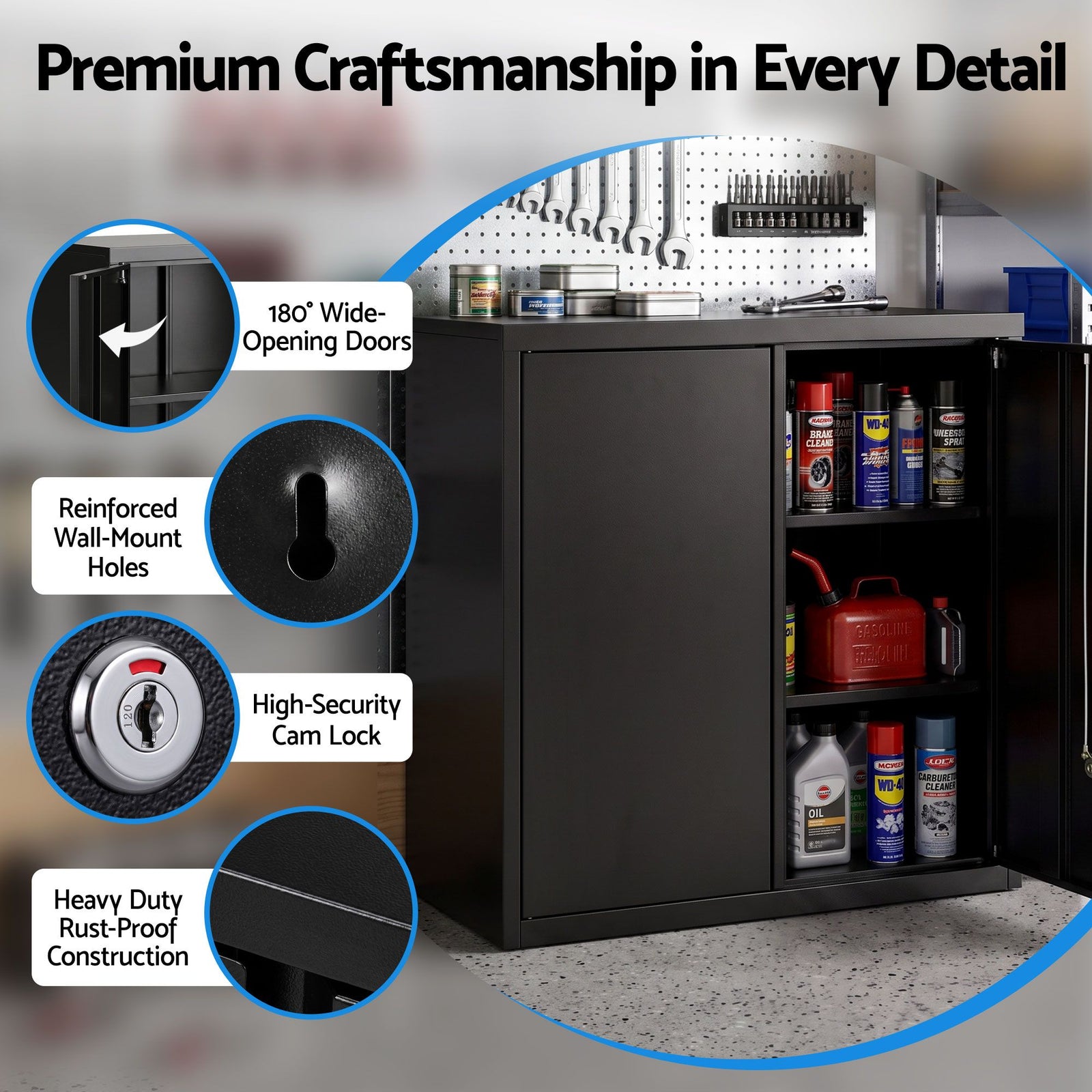 Giantz Steel Tool Cabinet Wall Mount Adjustable Shelf Garage Storage Lockable Black