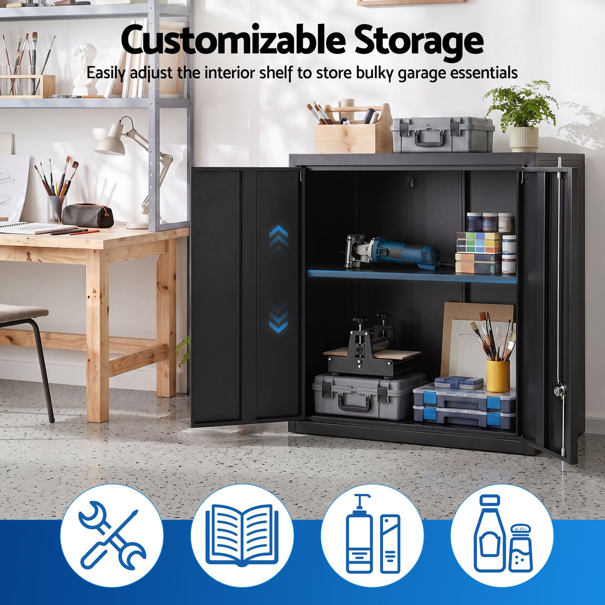 Giantz Steel Tool Cabinet Wall Mount Adjustable Shelf Garage Storage Lockable Black