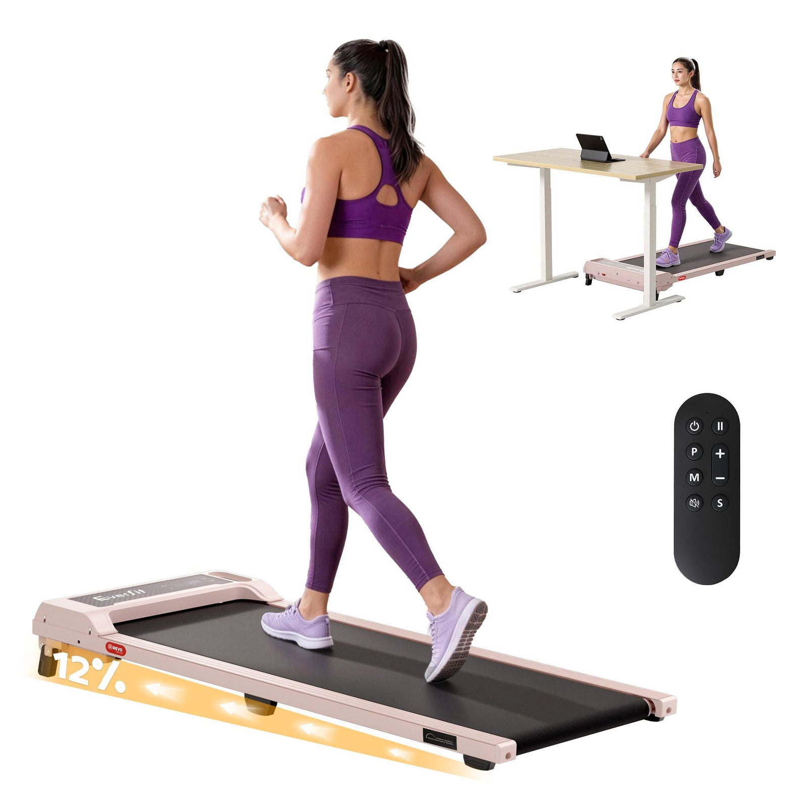 Everfit 3 in 1 Walking Pad Treadmill 12% Incline Under Desk Treadmills for Home Gym With 40cm Wide Belt Pink