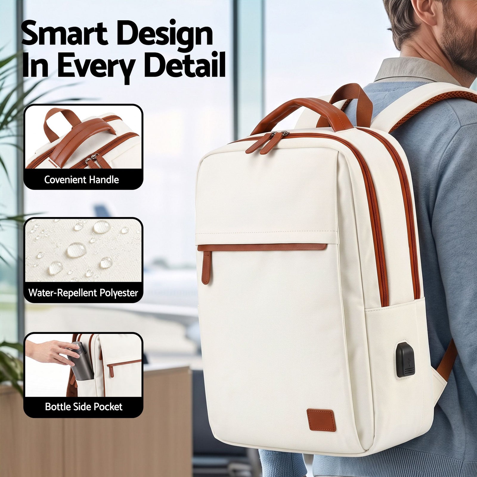 Wanderlite 20L Travel Laptop Backpack Carry On Work Bag with USB Port for Airlines Outdoor Business Beige
