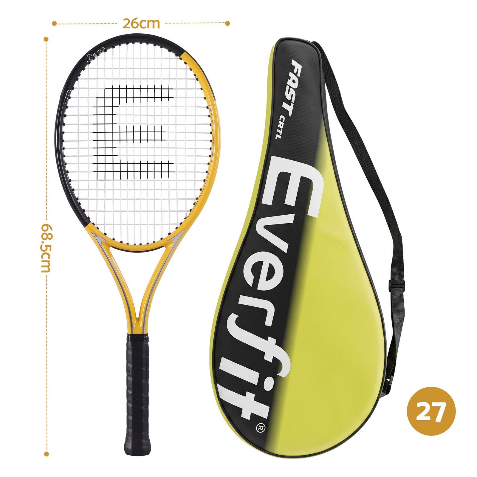 Everfit 27 Inch Tennis Racket Set of 2 Pack 27 Inch Lightweight Cushioned Grip Gold