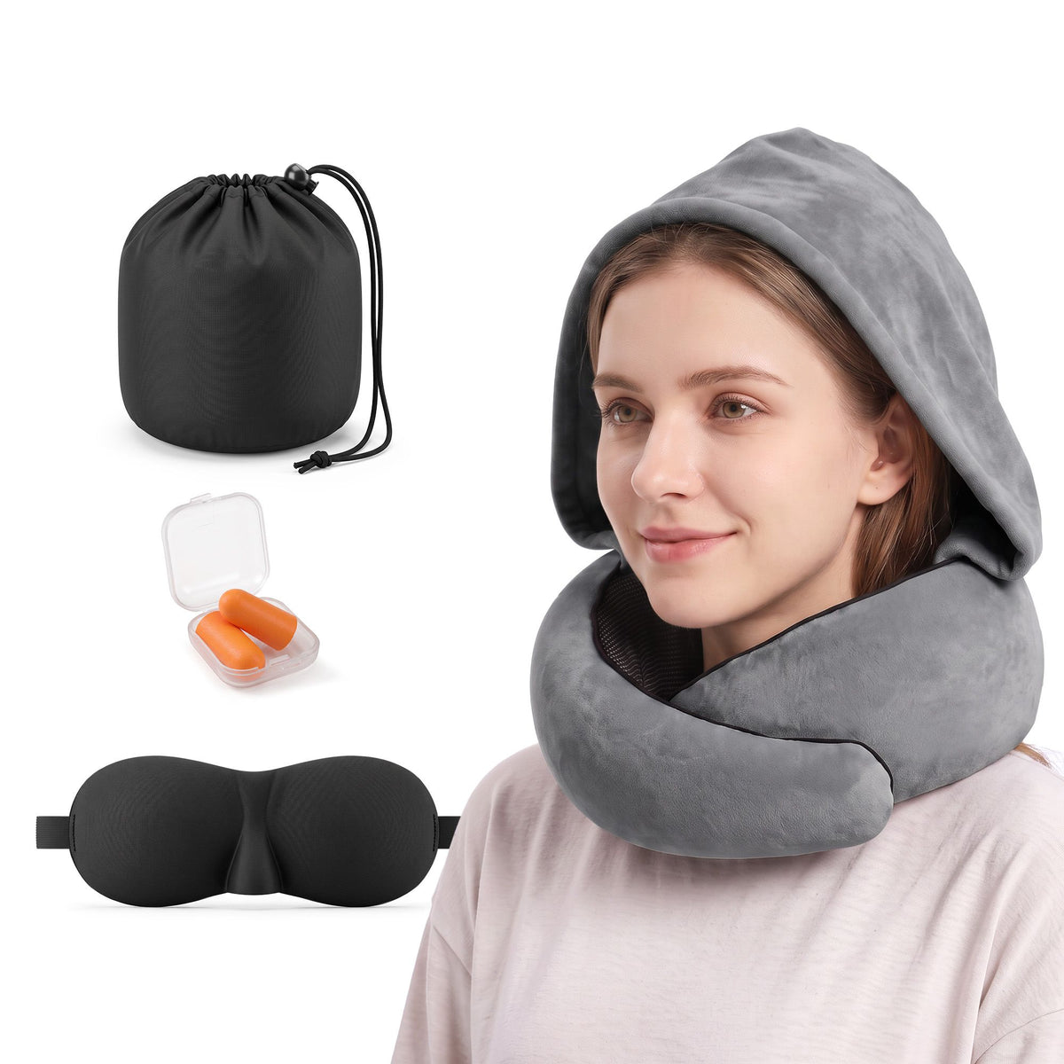 Wanderlite Hooded Travel Neck Pillow for Airplane Memory Foam with Eye Mask Earplugs, Dark Grey