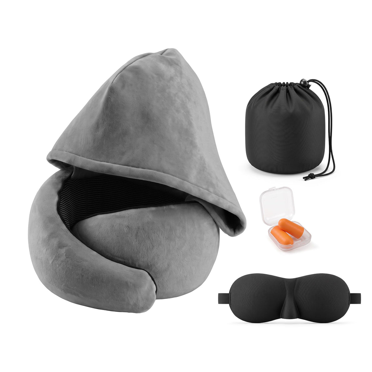Wanderlite Hooded Travel Neck Pillow for Airplane Memory Foam with Eye Mask Earplugs, Dark Grey