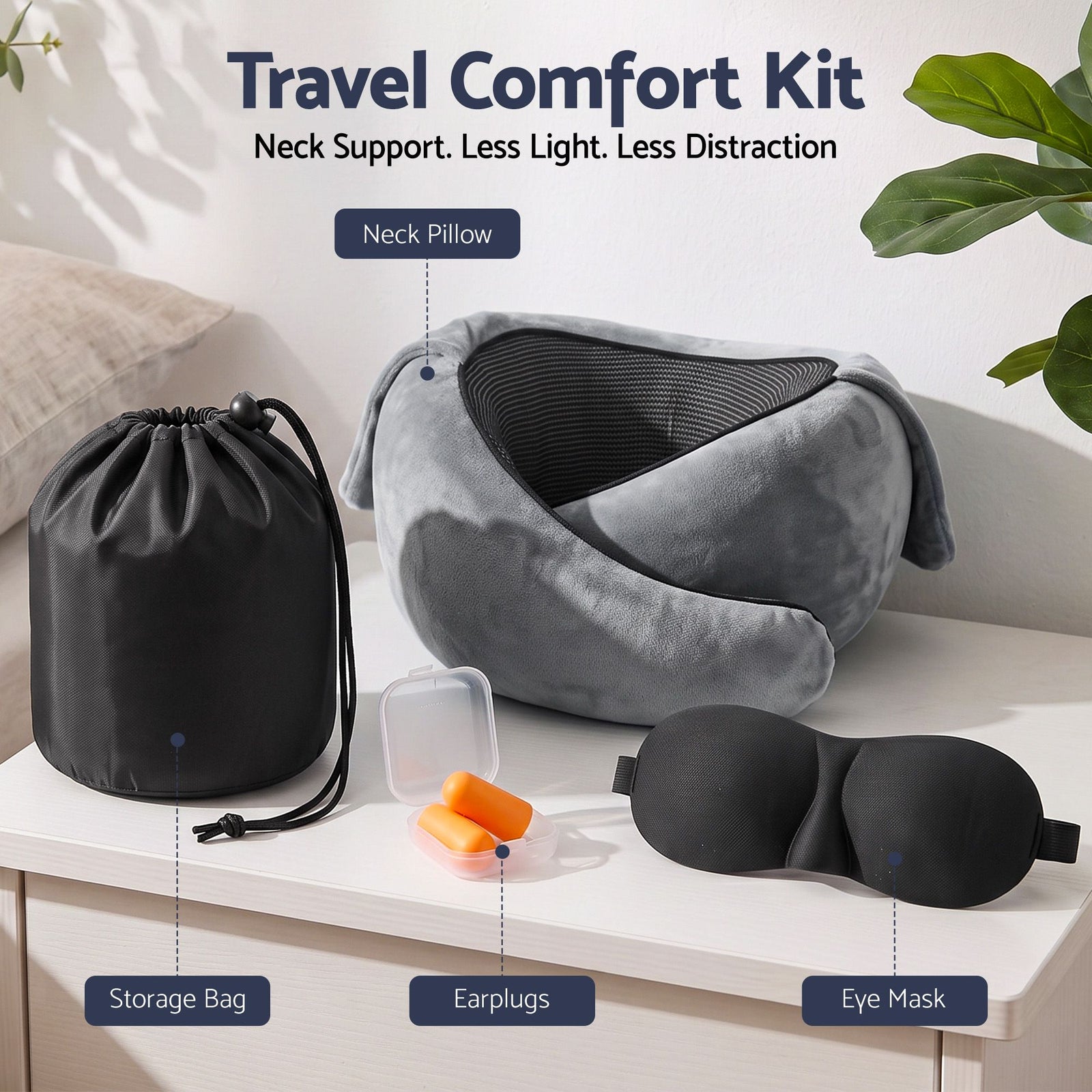 Wanderlite Hooded Travel Neck Pillow for Airplane Memory Foam with Eye Mask Earplugs, Dark Grey