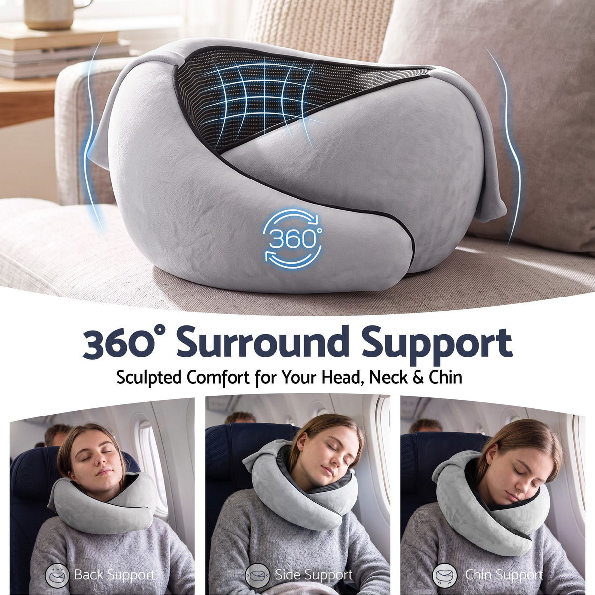 Wanderlite Hooded Travel Neck Pillow for Airplane Memory Foam with Eye Mask Earplugs, Light Grey