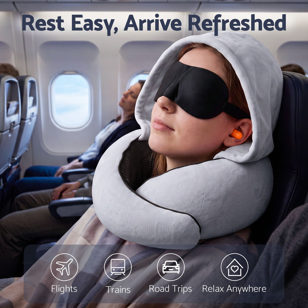Wanderlite Hooded Travel Neck Pillow for Airplane Memory Foam with Eye Mask Earplugs, Light Grey