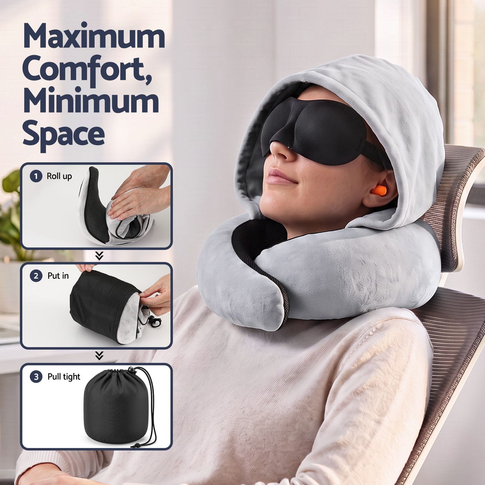 Wanderlite Hooded Travel Neck Pillow for Airplane Memory Foam with Eye Mask Earplugs, Light Grey
