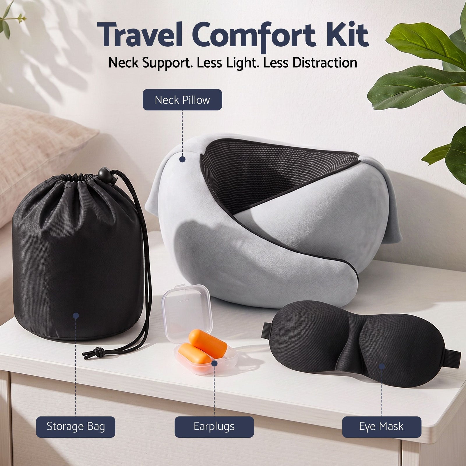 Wanderlite Hooded Travel Neck Pillow for Airplane Memory Foam with Eye Mask Earplugs, Light Grey