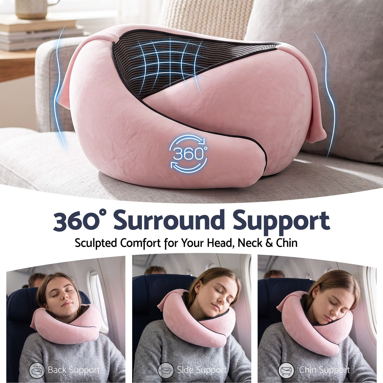 Wanderlite Hooded Travel Neck Pillow for Airplane Memory Foam with Eye Mask Earplugs, Pink