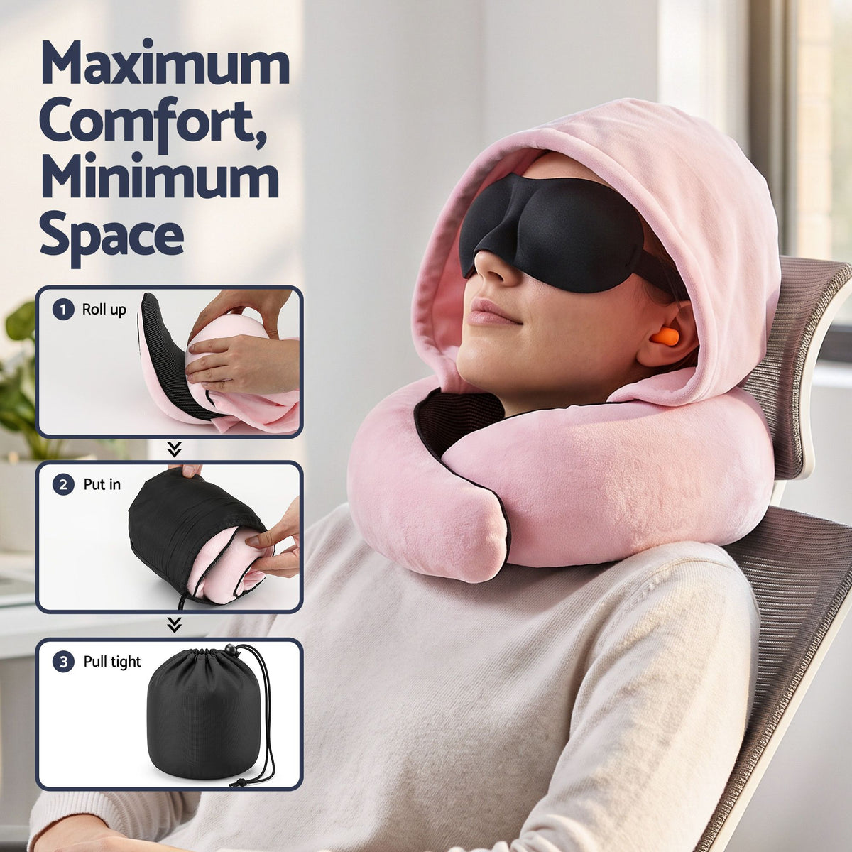 Wanderlite Hooded Travel Neck Pillow for Airplane Memory Foam with Eye Mask Earplugs, Pink