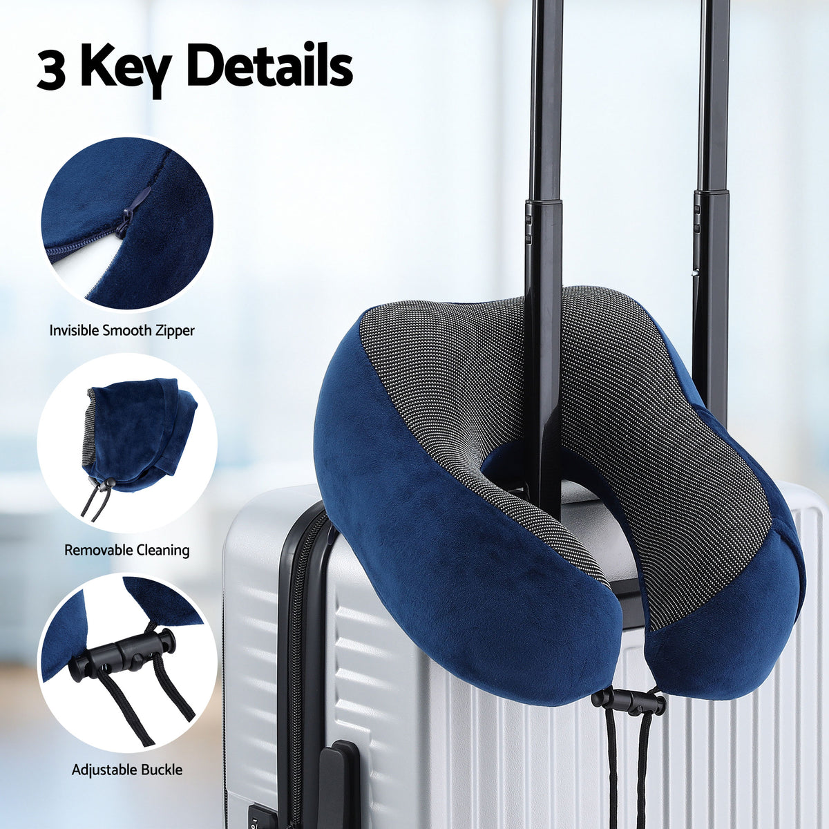 Wanderlite Travel Pillow for Airplanes Memory Foam Neck Pillows for Traveling, Soft & Washable Cover with Storage Bag, Portable Plane Accessories for Airplanes Offices Cars, Blue