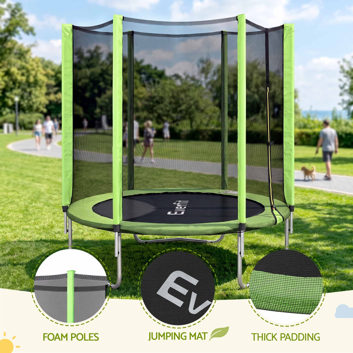 Everfit 6FT Kids Trampoline Round Rebounder with Enclosure Net Green