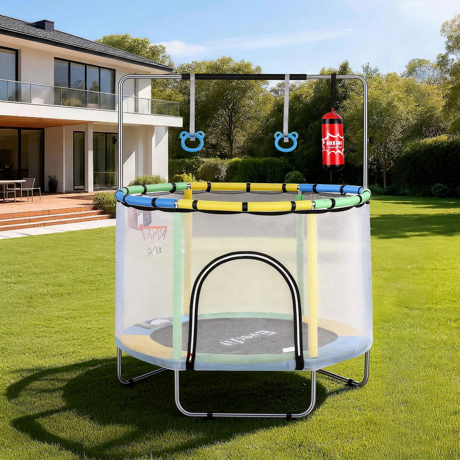 Everfit 55inch Trampoline Kids Rebounder with Basketball Set Sandbag Boxing Game