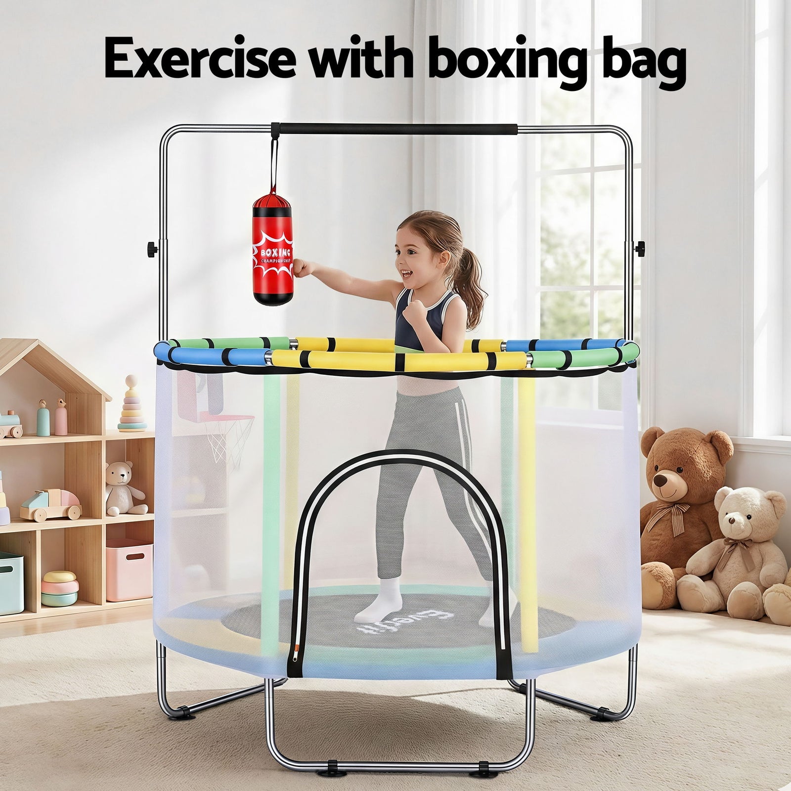 Everfit 55inch Trampoline Kids Rebounder with Basketball Set Sandbag Boxing Game