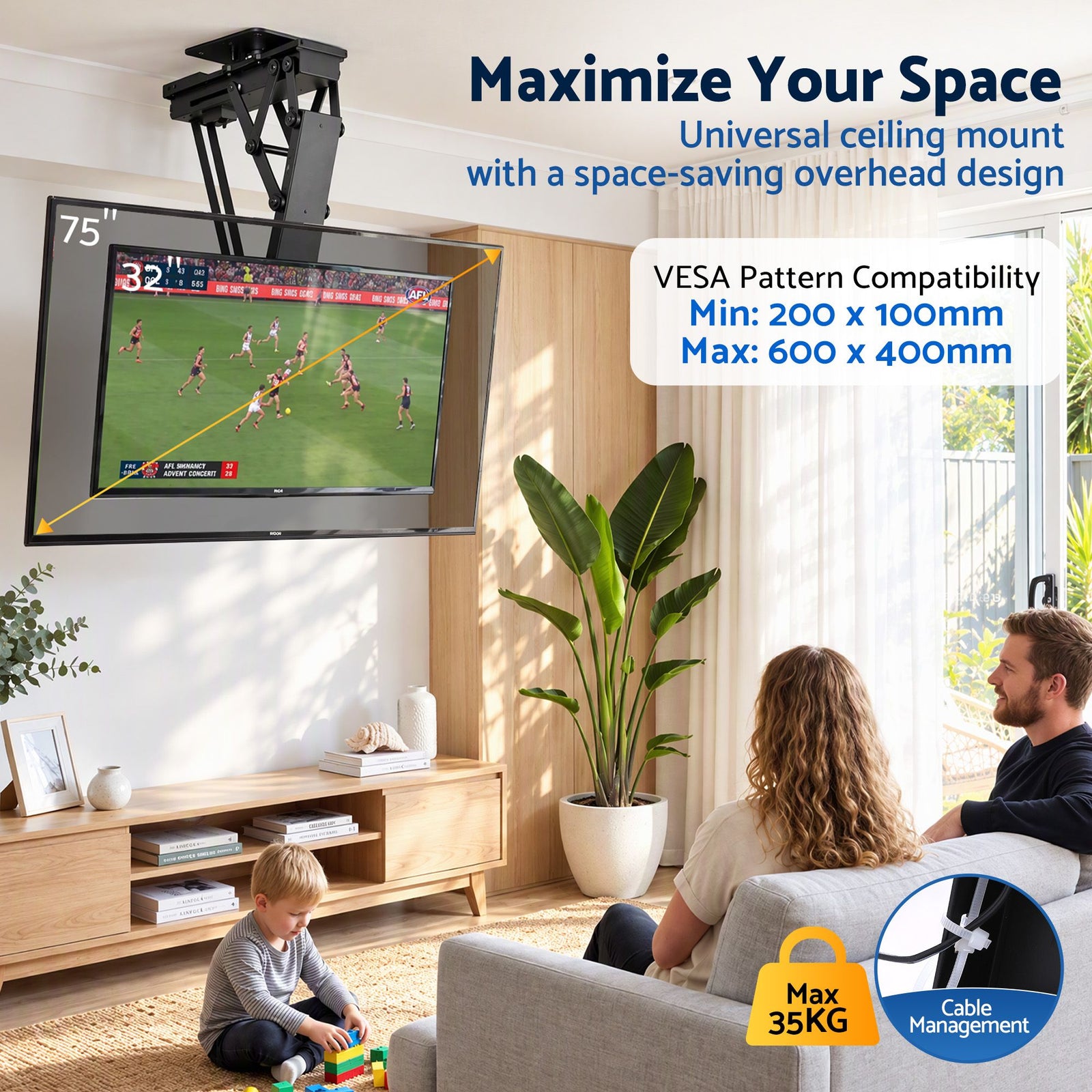 Artiss Motorised Ceiling TV Mount 32-75 Inch Flip Down Smart Remote VESA 600x400
