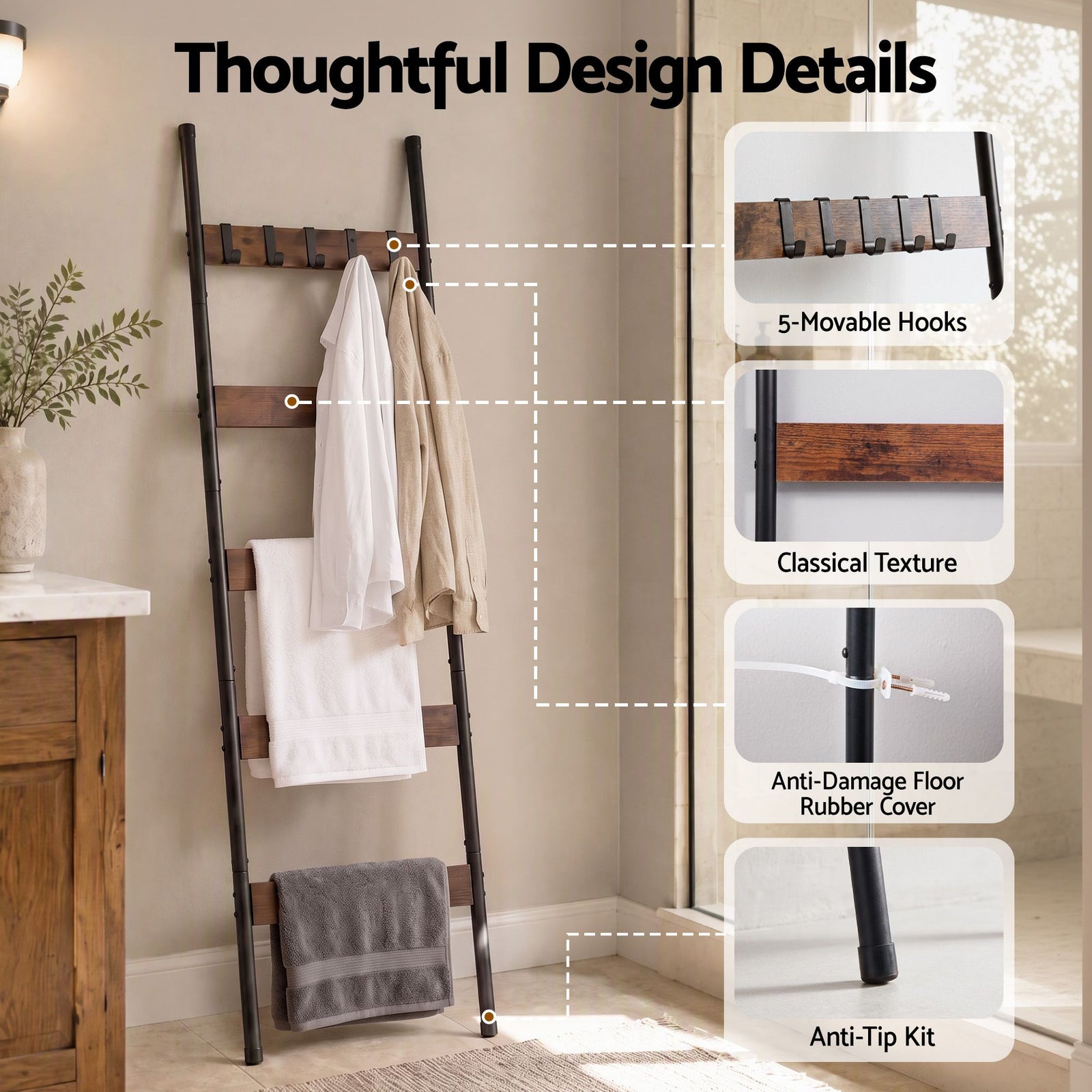 Devanti 5-Tier Blanket Ladder with Anti-Tip Kit, Towel Rack for Bathroom, Quilt Rack with 5 Hooks for Clothes and Bags, Black Metal and Rustic Wood Leaning Ladder Shelf, 44x160cm