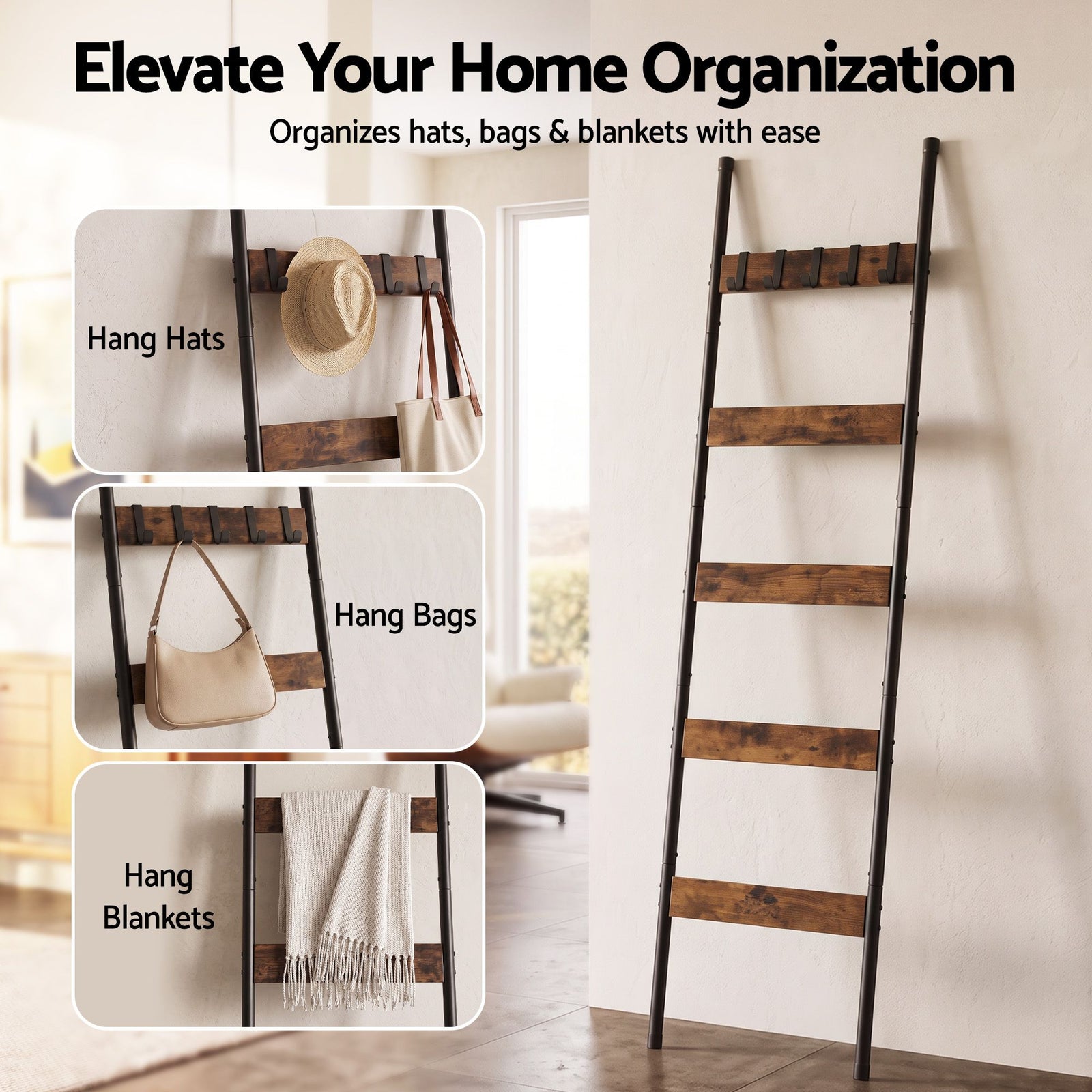 Devanti 5-Tier Blanket Ladder with Anti-Tip Kit, Towel Rack for Bathroom, Quilt Rack with 5 Hooks for Clothes and Bags, Black Metal and Rustic Wood Leaning Ladder Shelf, 44x160cm