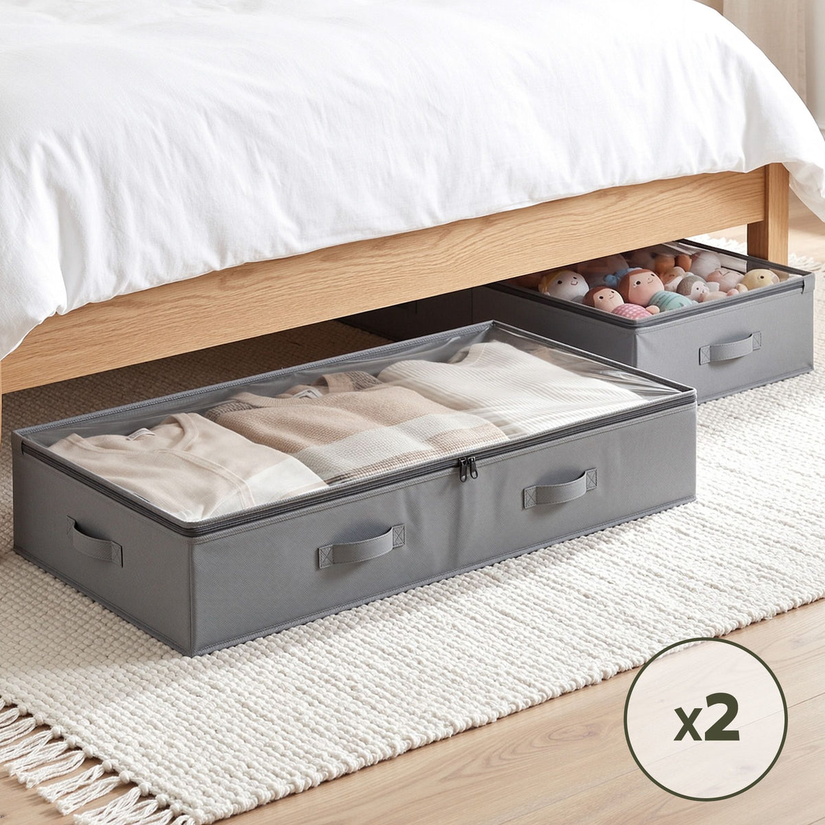 Artiss Under Bed Storage Containers X2 90L Boxes Organiser Clear Top Fabric Grey