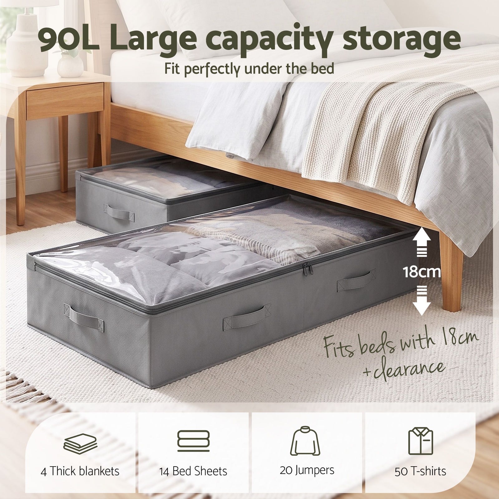 Artiss Under Bed Storage Containers X4 90L Boxes Organiser Clear Top Fabric Grey