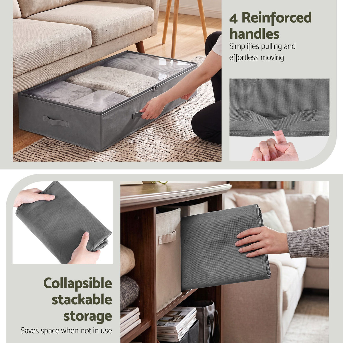 Artiss Under Bed Storage Containers X4 90L Boxes Organiser Clear Top Fabric Grey