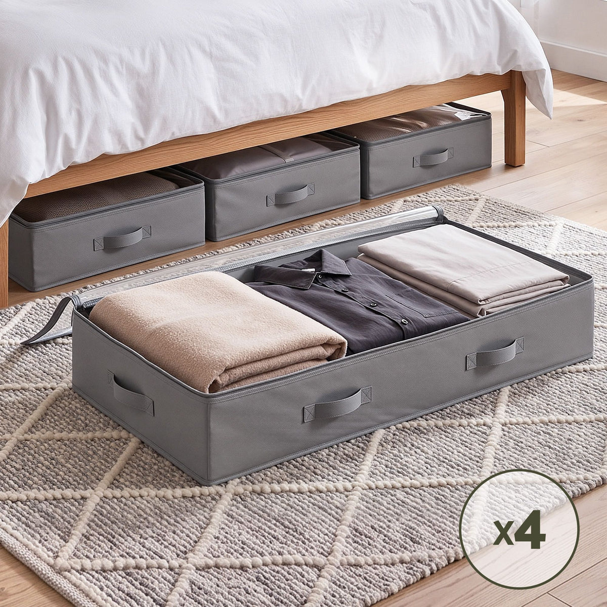 Artiss Under Bed Storage Containers X4 90L Boxes Organiser Clear Top Fabric Grey