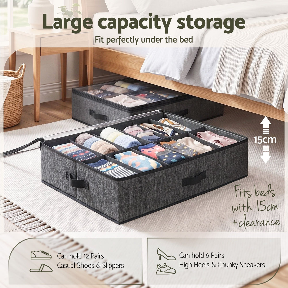 Artiss Under Bed Shoe Storage Containers X4 Box Organiser 12 Pairs Fabric Grey