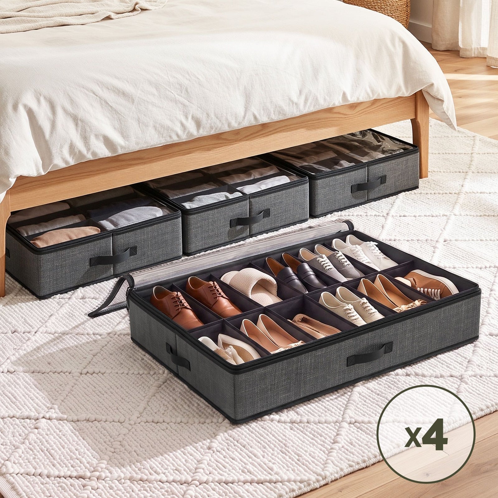 Artiss Under Bed Shoe Storage Containers X4 Box Organiser 12 Pairs Fabric Grey