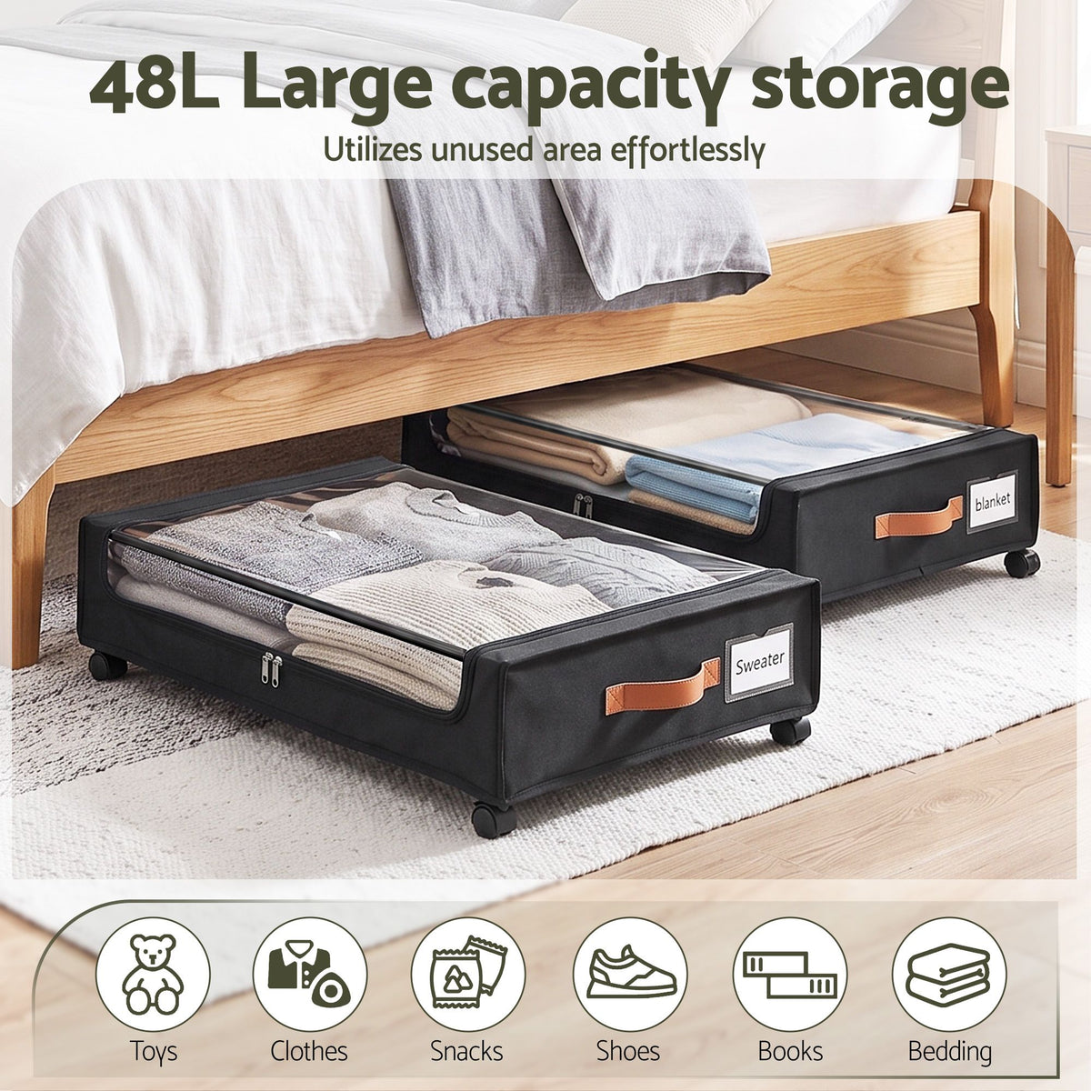 Artiss 2X Under Bed Storage Containers 48L Clothes Organiser Wheels Oxford Black