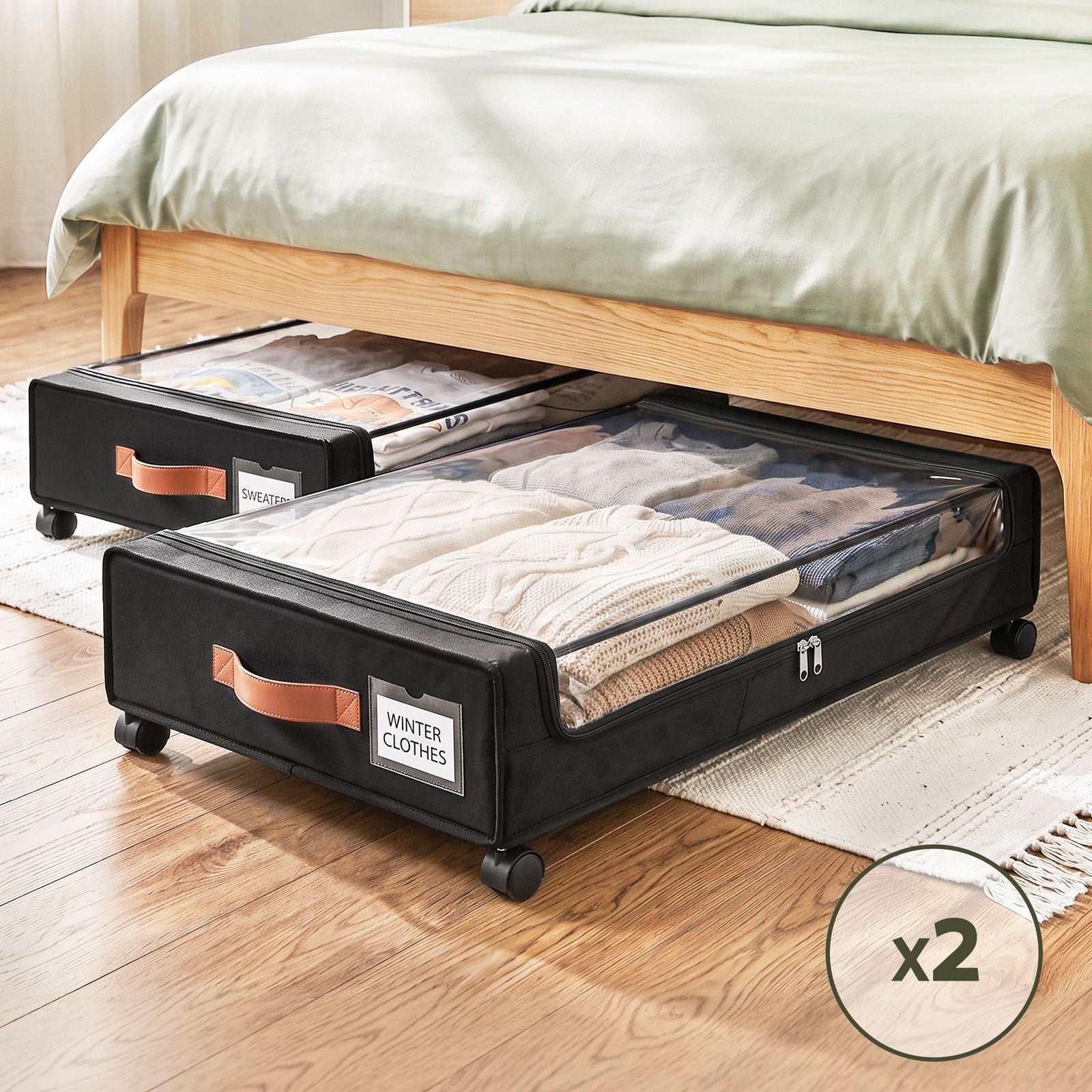 Artiss 2X Under Bed Storage Containers 48L Clothes Organiser Wheels Oxford Black