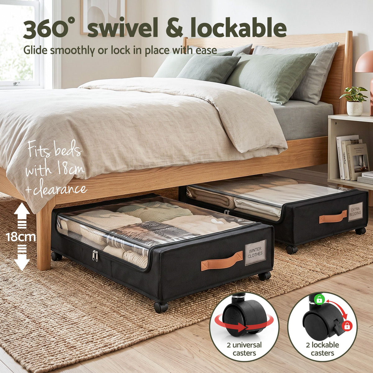 Artiss 4X Under Bed Storage Containers 48L Clothes Organiser Wheels Oxford Black