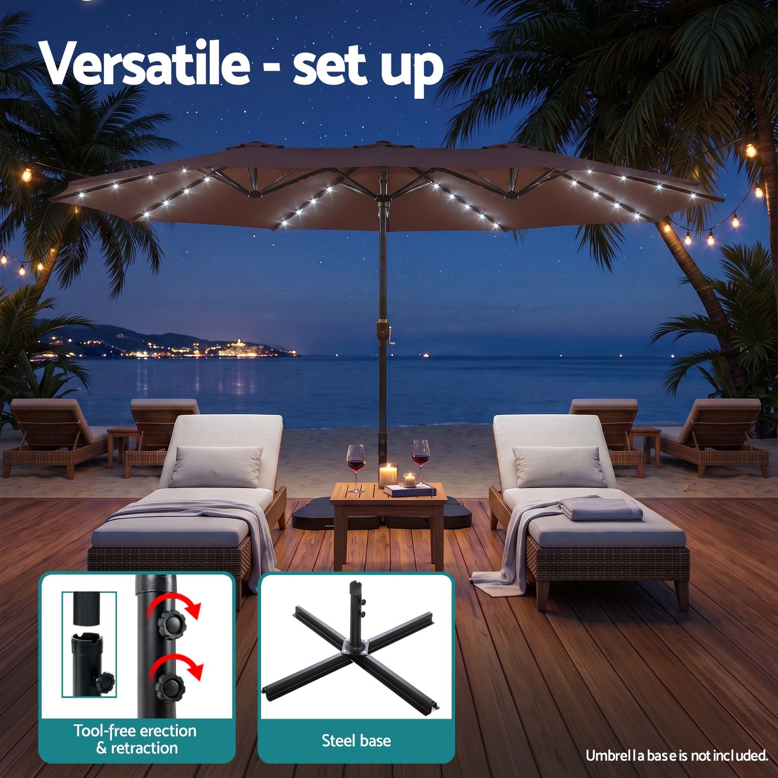 Instahut Outdoor Umbrella 4.57m Solar 48 LED Double-Sided Patio Parasol Brown