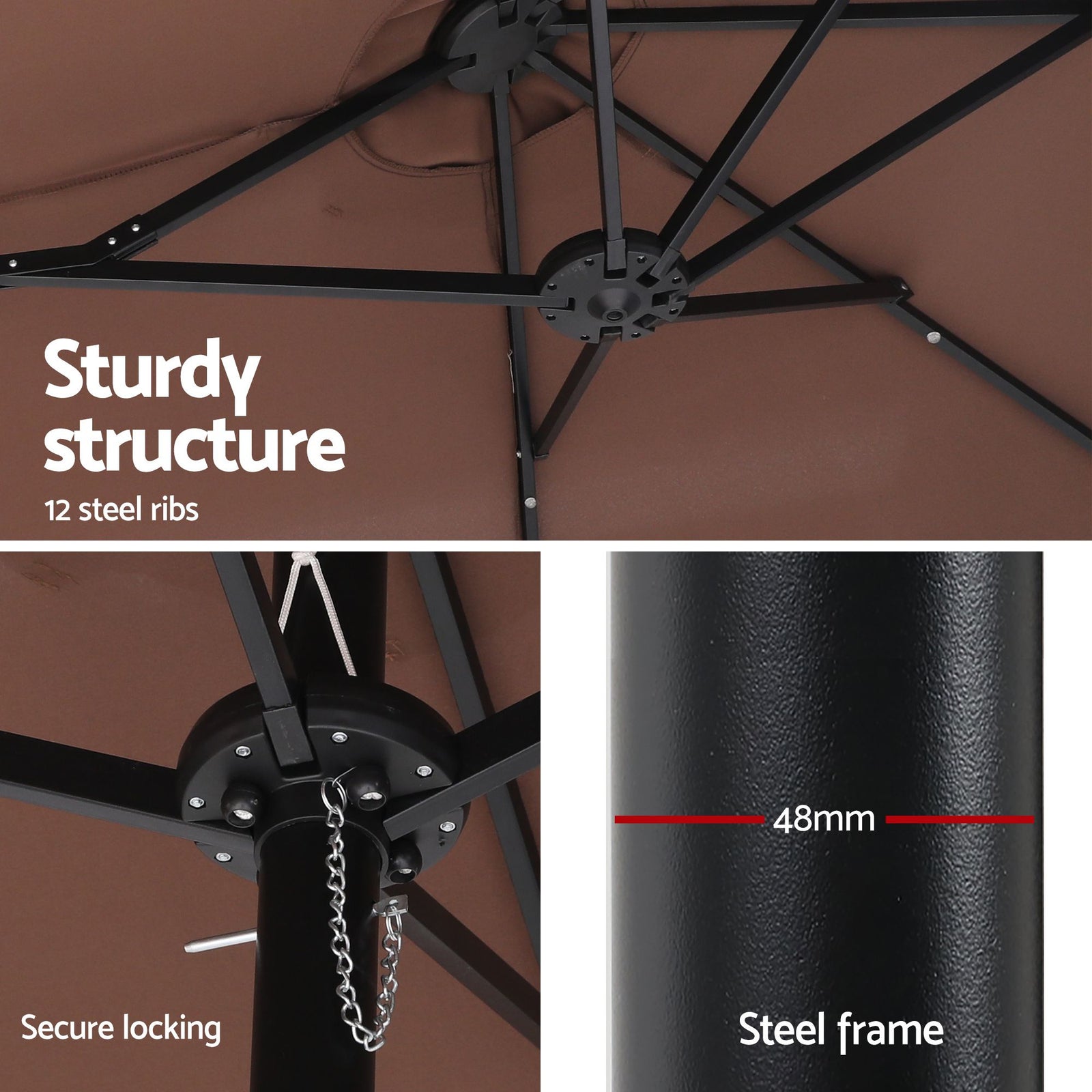 Instahut Outdoor Umbrella 4.57m Solar 48 LED Double-Sided Patio Parasol Brown