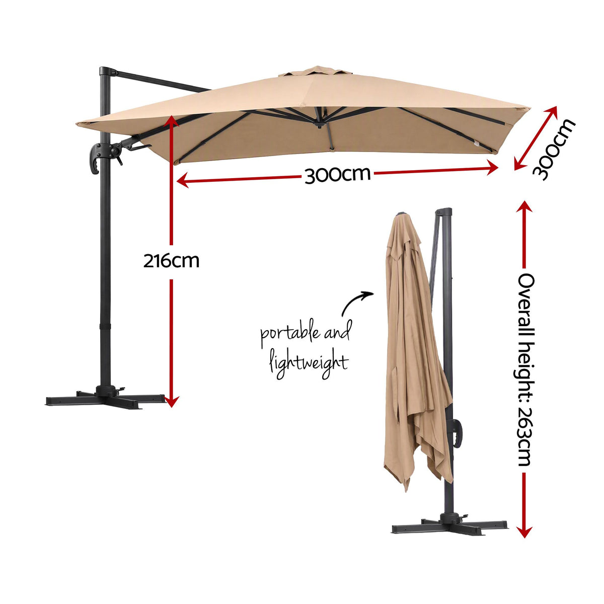 Instahut Outdoor Umbrella 3m Left-right Tilting Cantilever Patio Parasol Beige