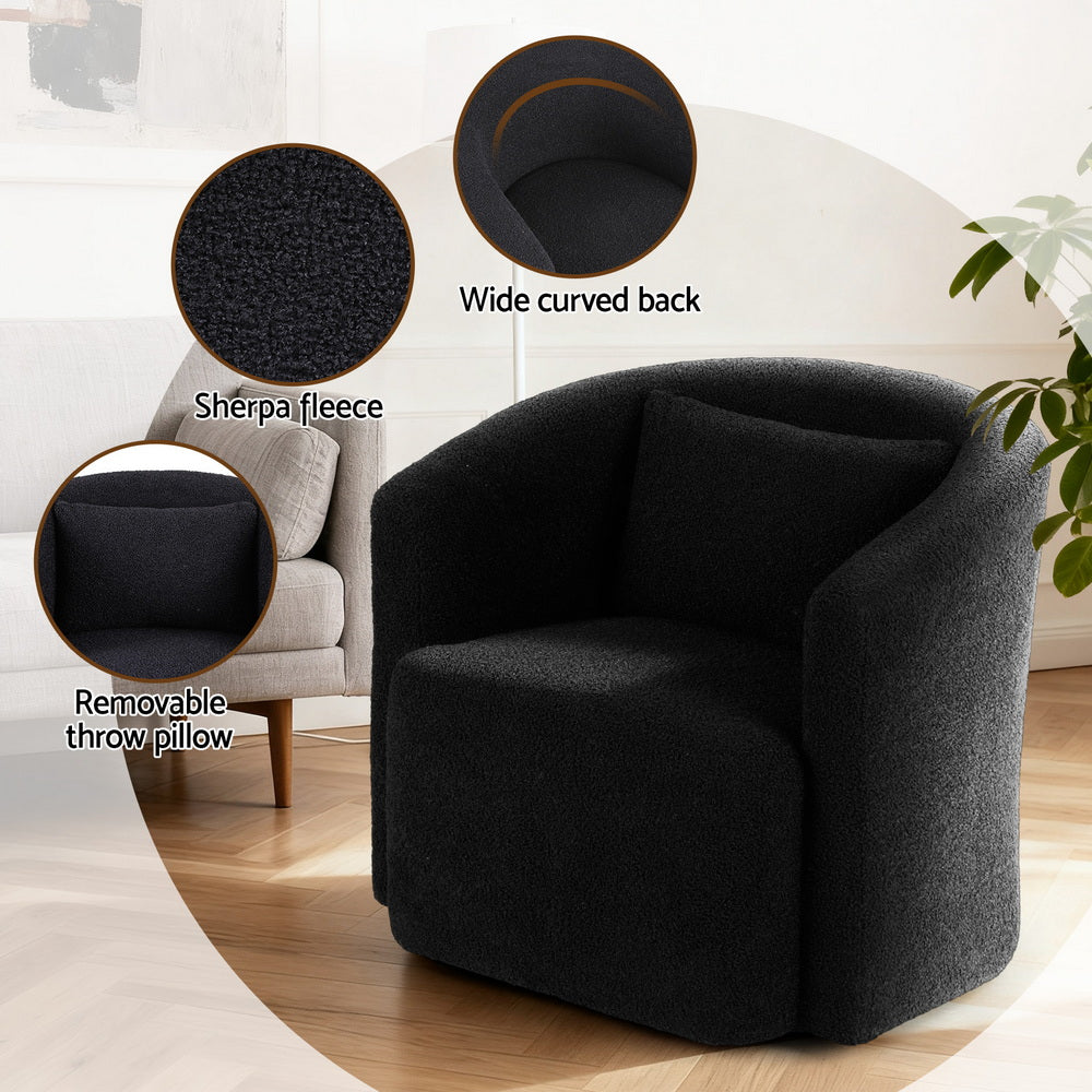 Artiss Round Swivel Armchair Sherpa Fleece Black
