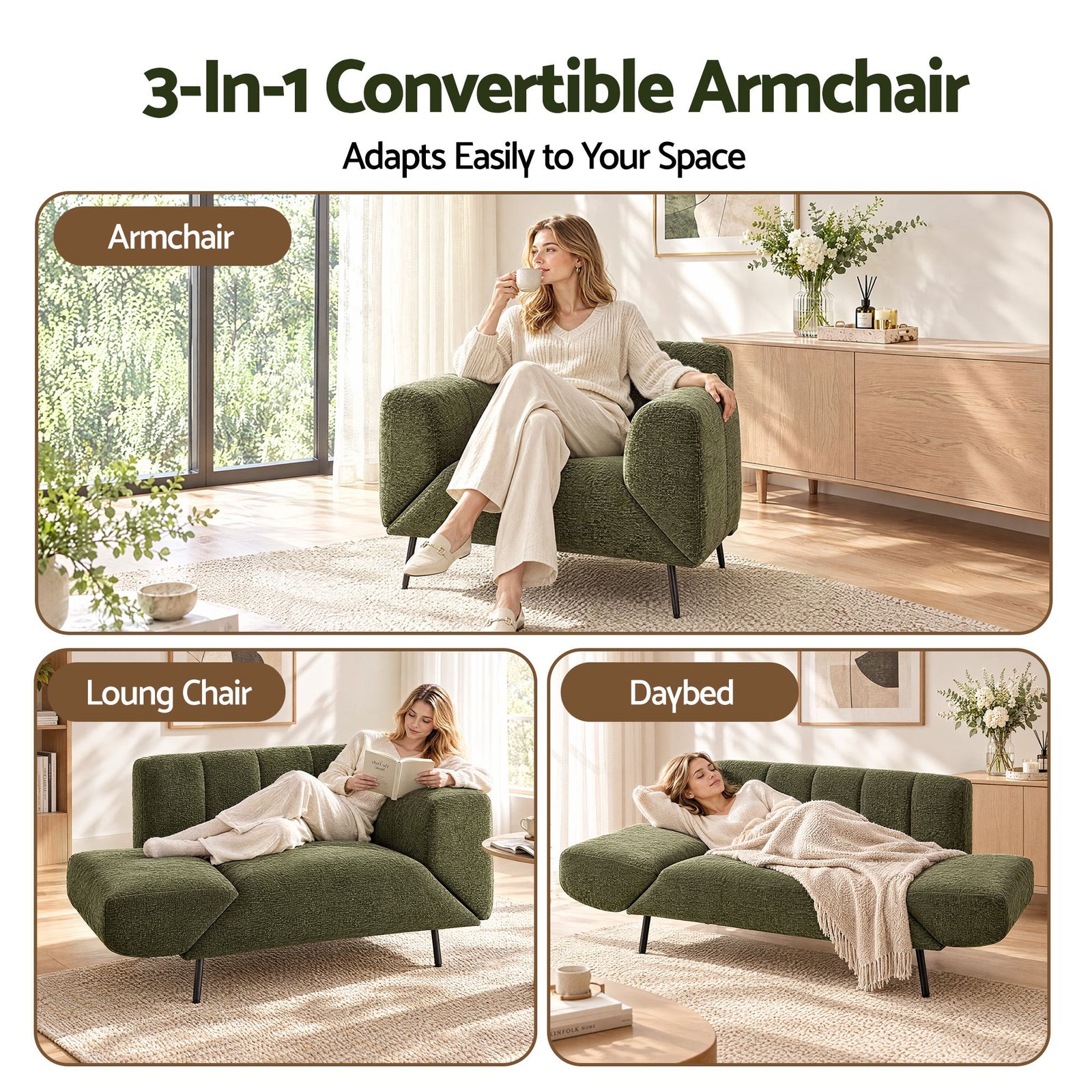 Artiss Armchair 3-in-1 Convertible Chenille Lounger and Daybed Green