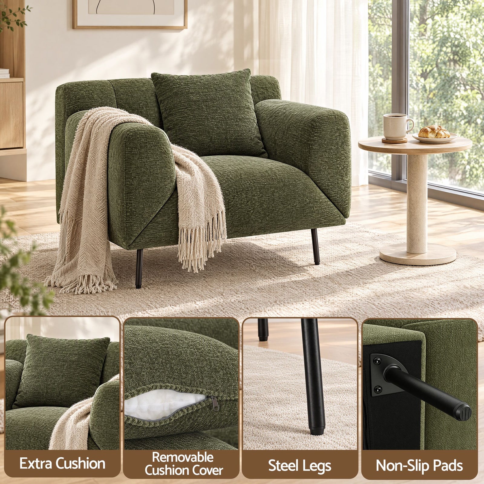 Artiss Armchair 3-in-1 Convertible Chenille Lounger and Daybed Green