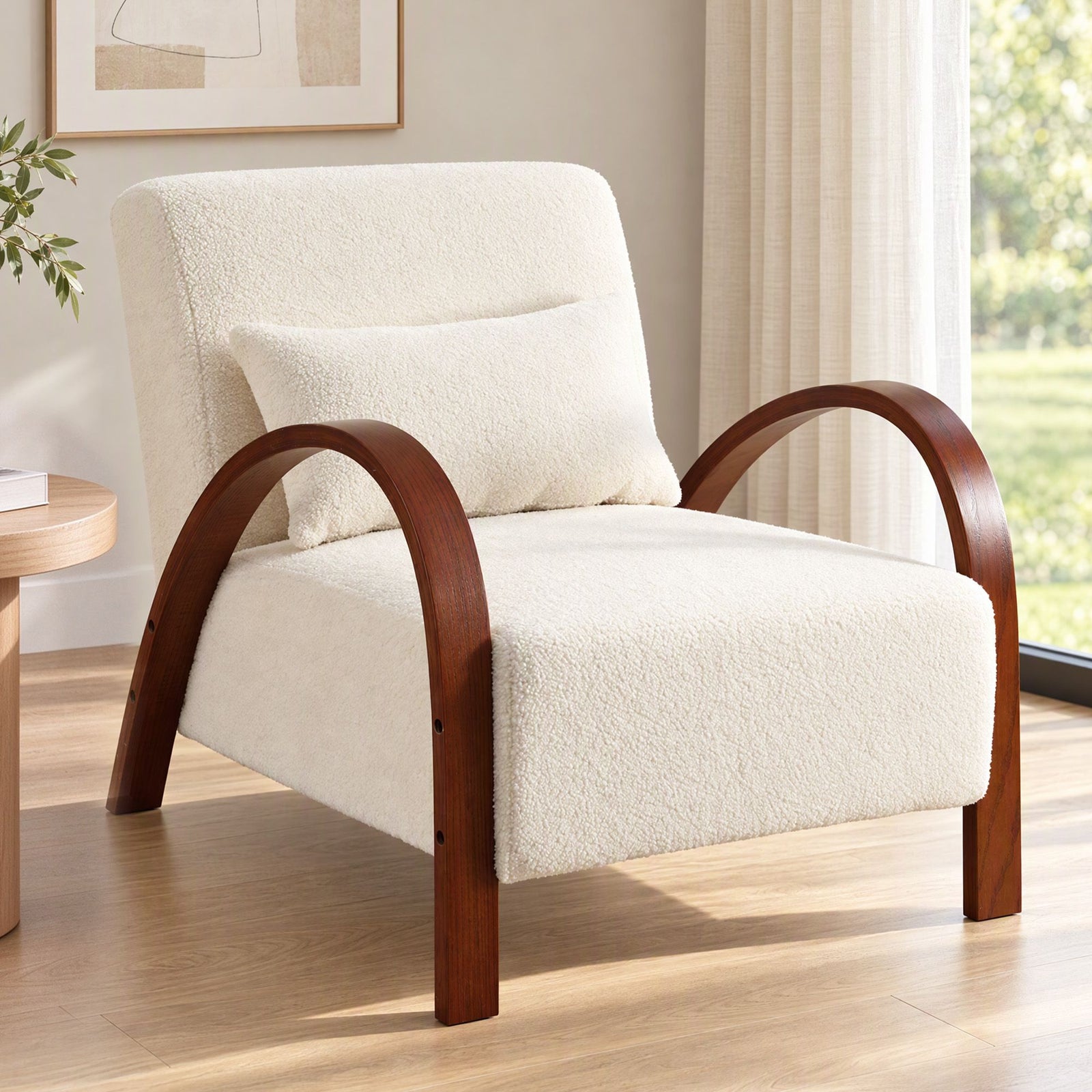 Artiss Teddy Fabric Armchair Curved Bentwood Arms with Cushion Beige