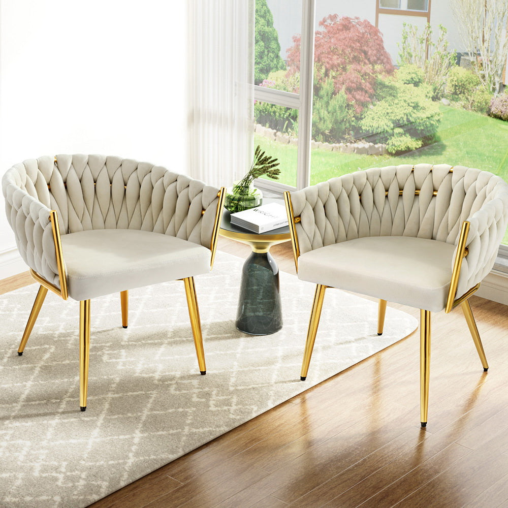 1 Set of 2 Artiss Dining Chairs Velvet Armchair Beige