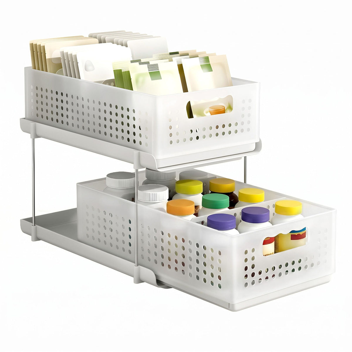 Artiss Under Sink Organizer 2 Tier Pull Out Drawer with Removable Baskets &amp; Divider White