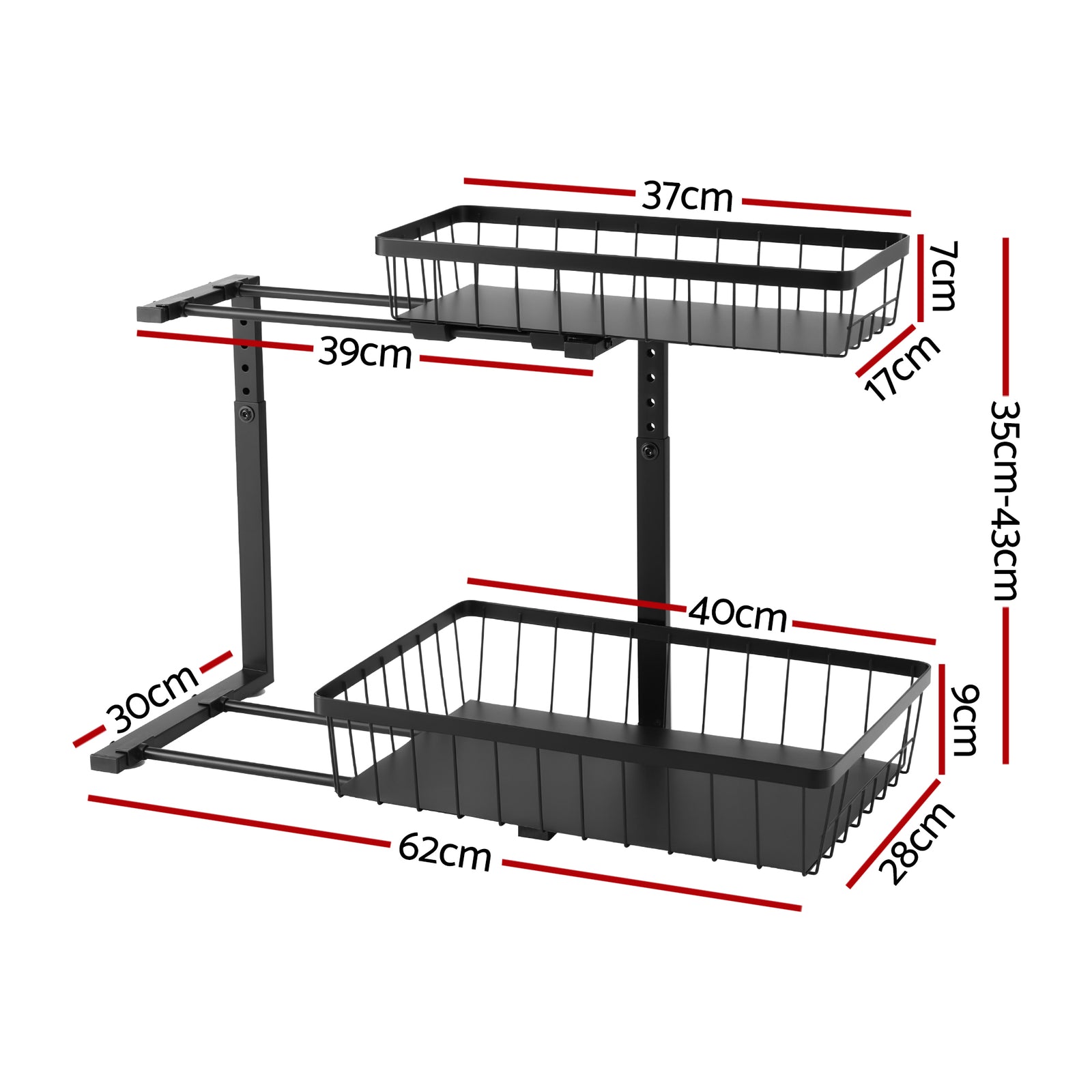 Artiss Under Sink Organizer Storage with 2 Slide Out Drawers 5 Adjustable Height Bathroom Kitchen Cabinet Black